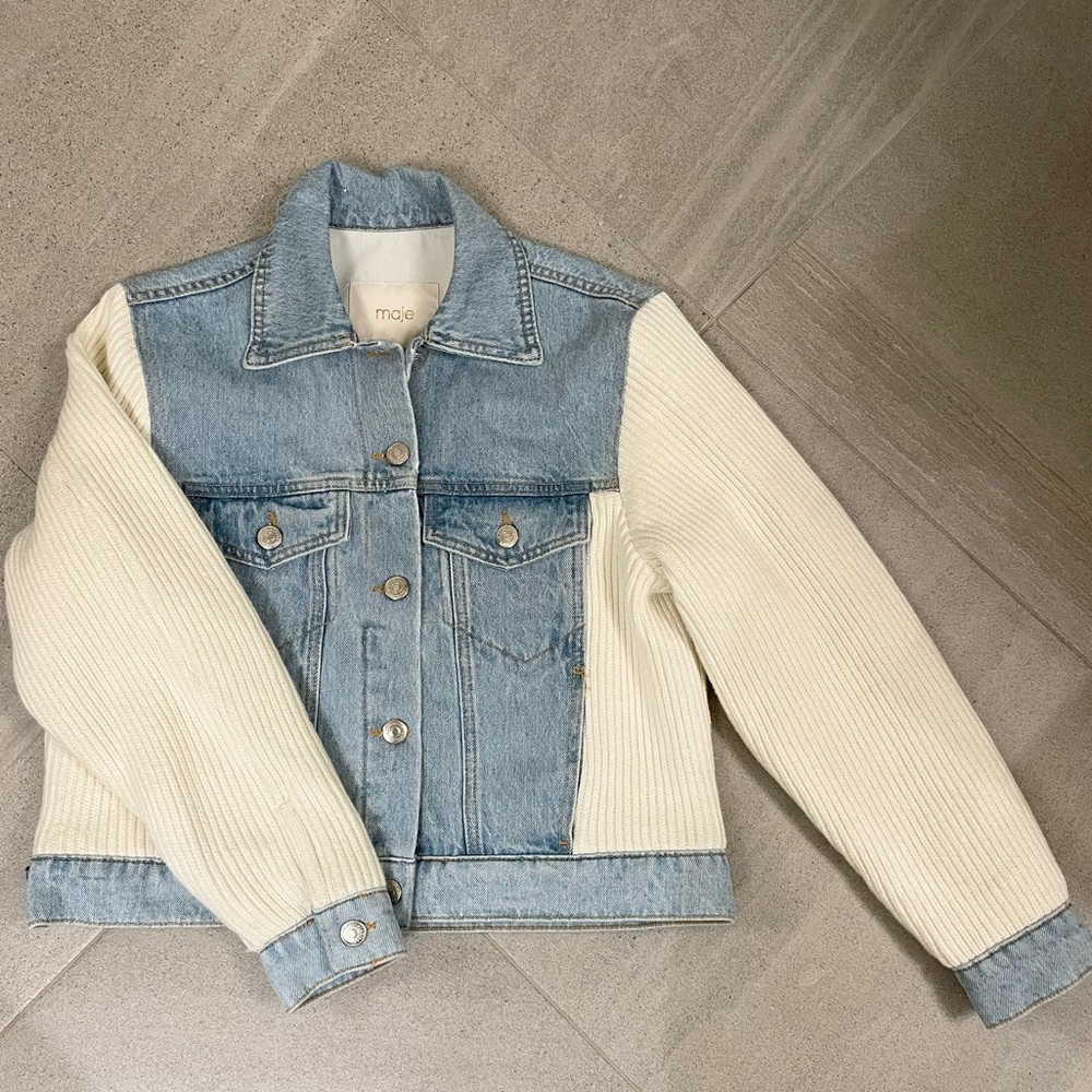 Maje Ribbed Knit Denim Jacket
